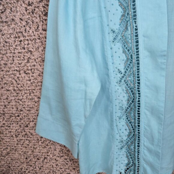 Chicos Cardigan Womens 2 US Large Blue Linen Open Front‎ Beaded Casual Ladies - Picture 2 of 7